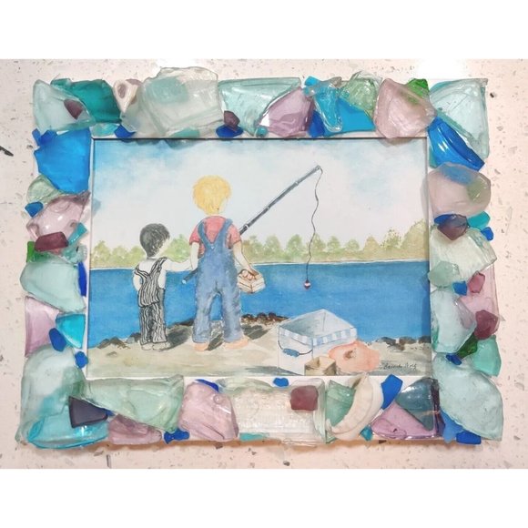 Handmade Shells & Sea Glass Framed Art Decor & Drawing Fishing Trip Theme Signed - Picture 1 of 16